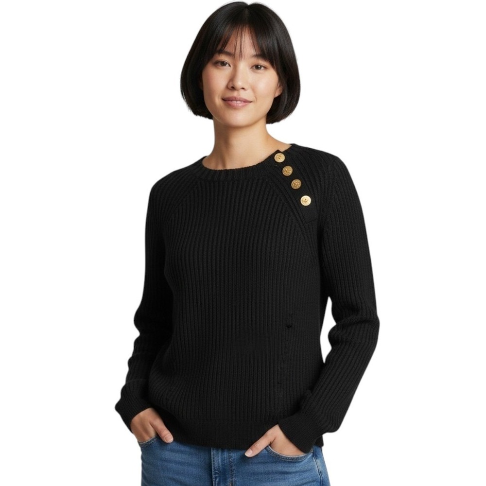 Lauren Ralph Lauren Ribbed Sweater Black Gold Buttons Preppy Quiet Luxury Dark M